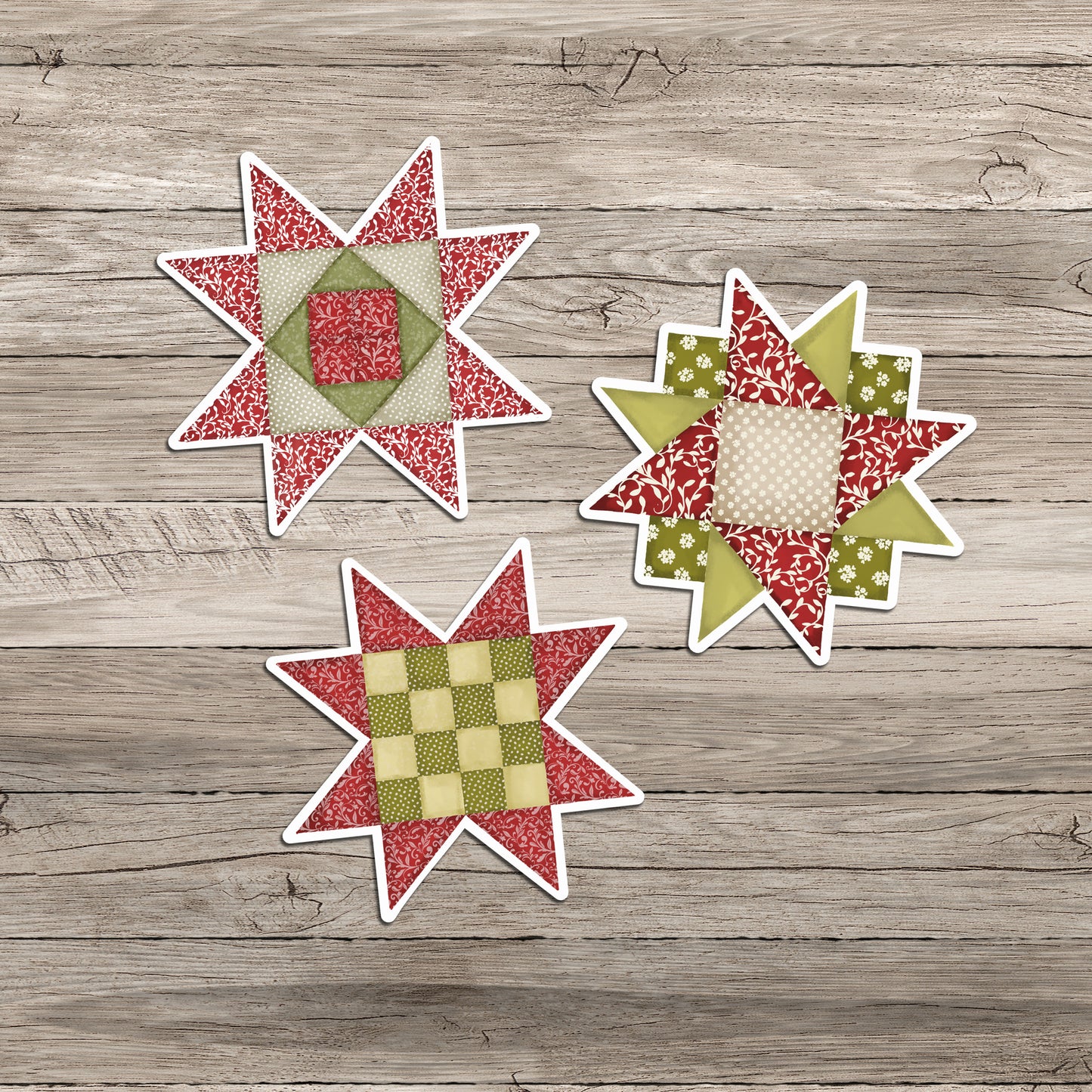 Three quilt block star stickers on a rustic wood background. Each sticker features traditional Christmas colors of red, green, and cream in various quilt patterns, arranged in a festive star shape with intricate patchwork details.