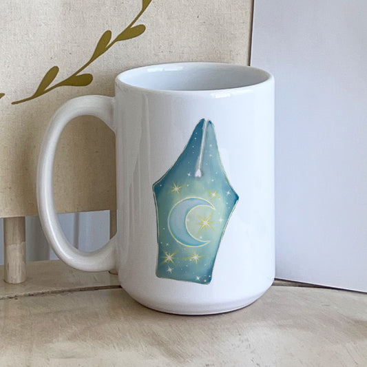 Moon and Stars Fountain Pen Illustration Custom Coffee Mug For Writers, Planners