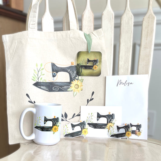 Sunflower Sewing Machine Gift Set - Includes Tote, Mug, Ornament, Notepads, Magnet, Sticker