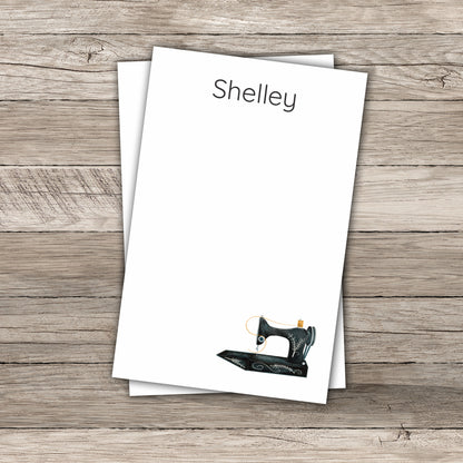 Personalized notepad with the name 'Shelley' and vintage sewing machine design, ideal for quilting enthusiasts, custom stationery lovers, and unique gift ideas.