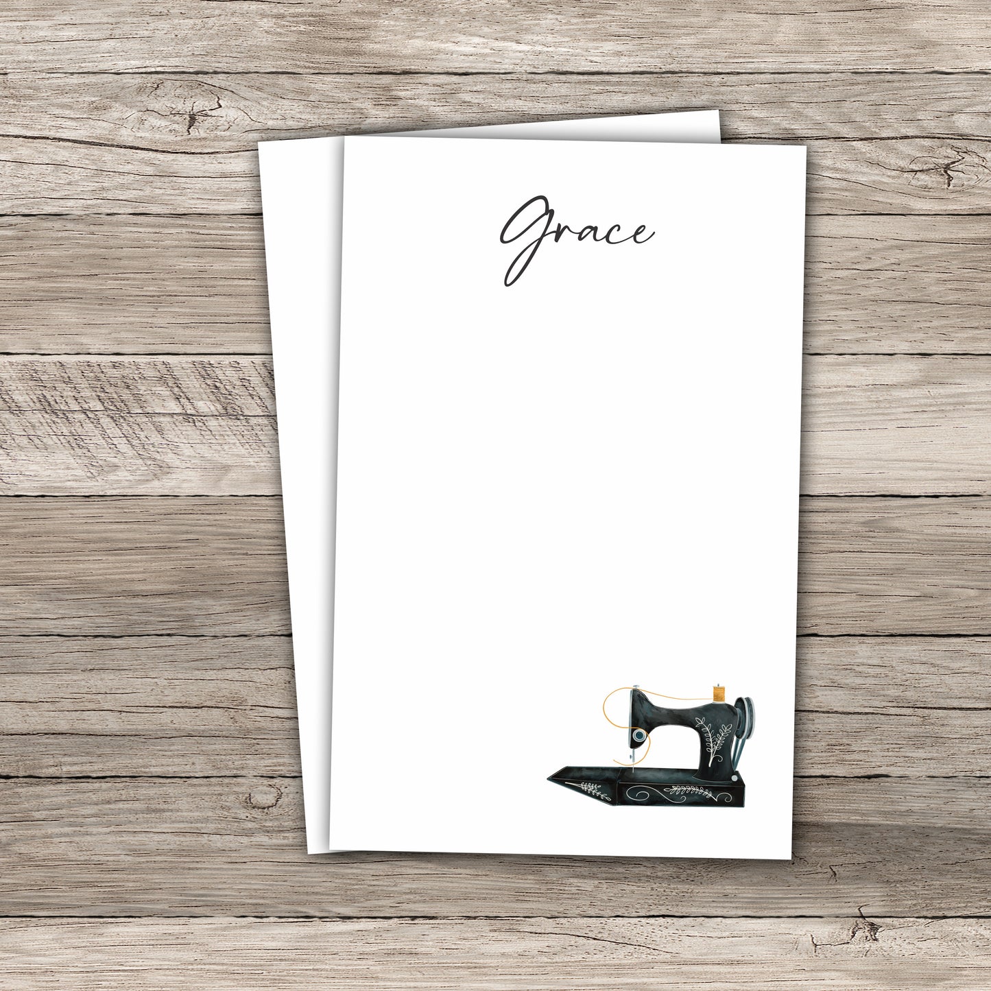 Two notepads personalized with script font with vintage sewing machine design, perfect for jotting down sewing project notes and to-do lists.