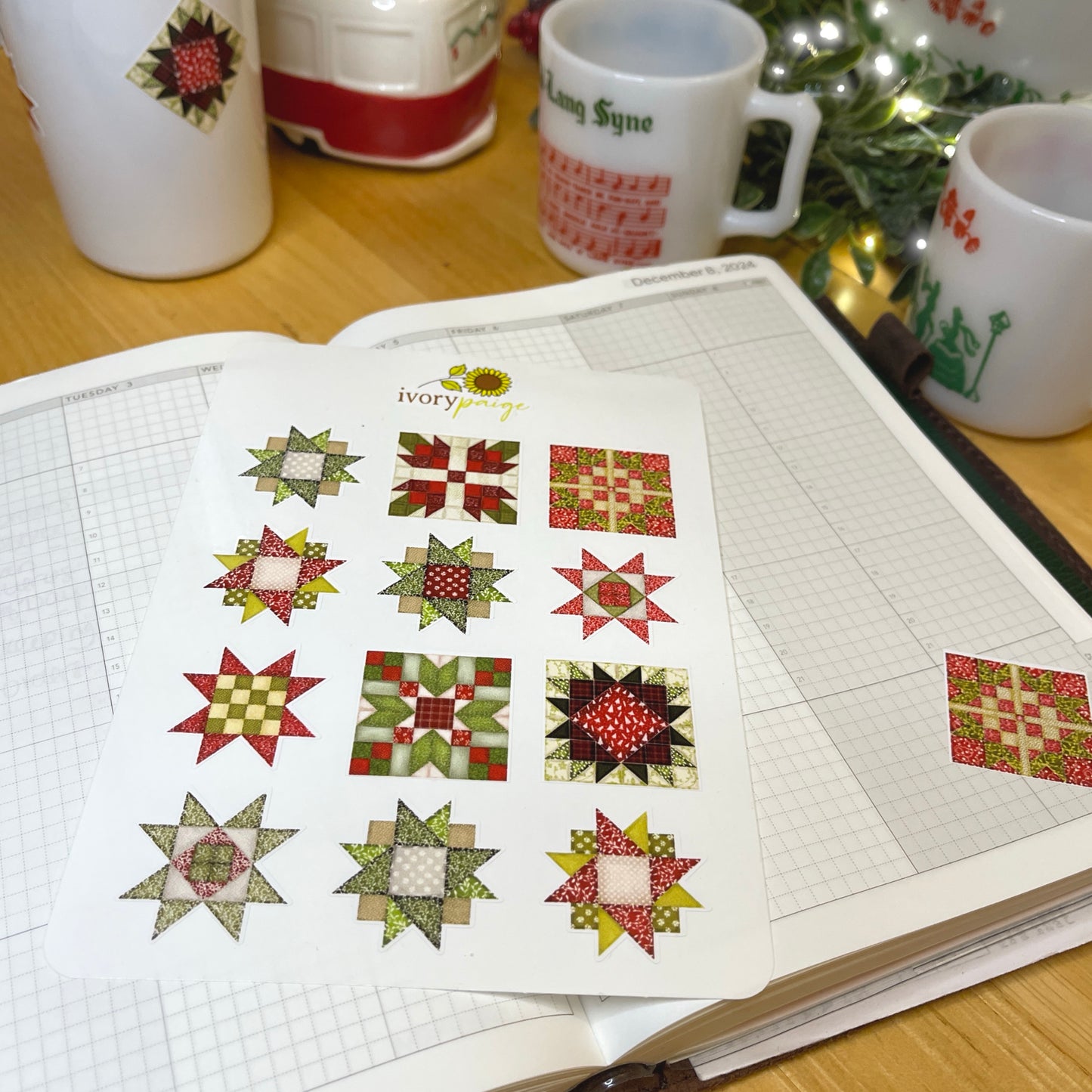 Christmas Quilt Block Pattern Star Stickers for Journals, Planners, Water Bottle, Aesthetic Laptop, Gifts For Quilters