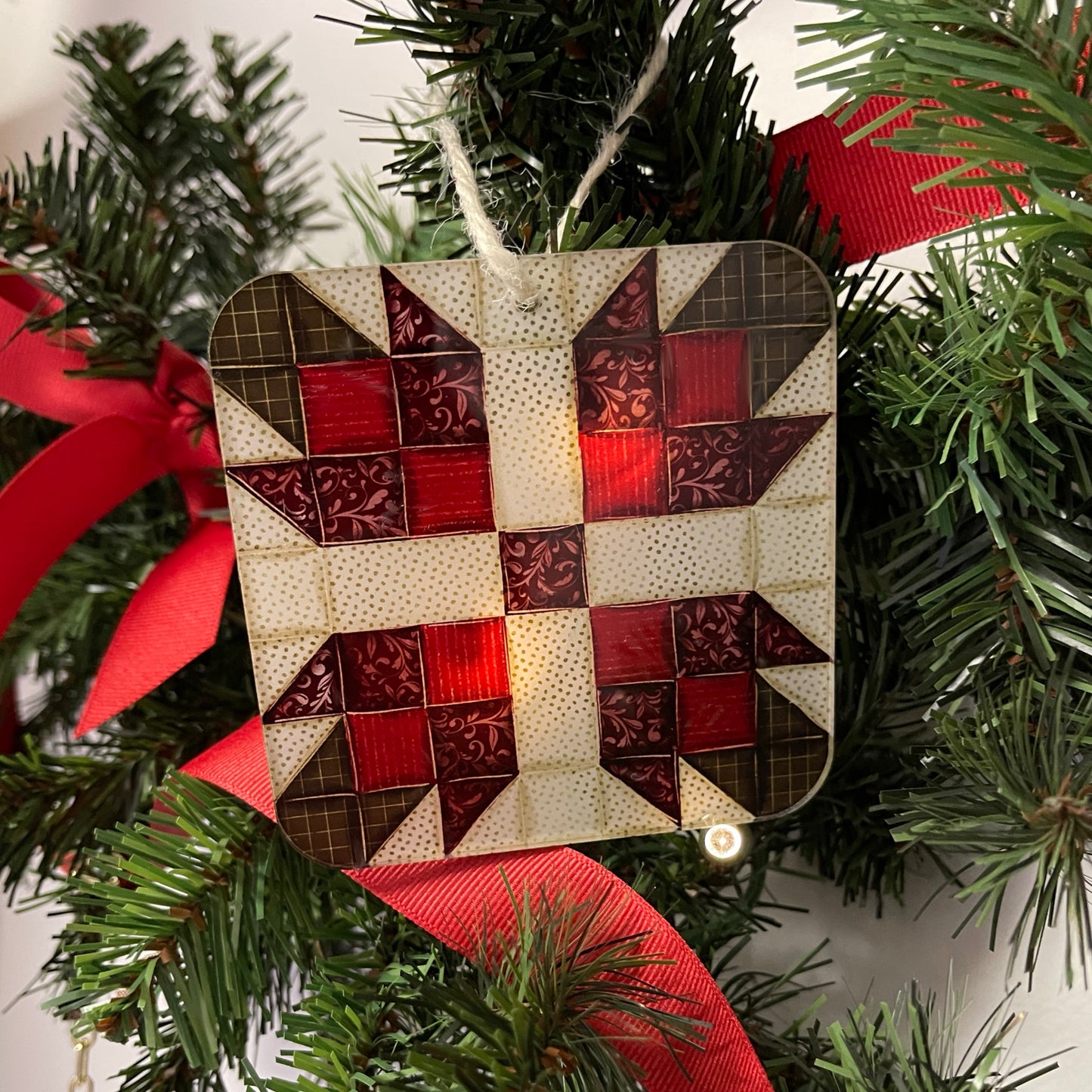 Personalized Quilt Star Block Ornament, Red Flower, Gift For Quilters