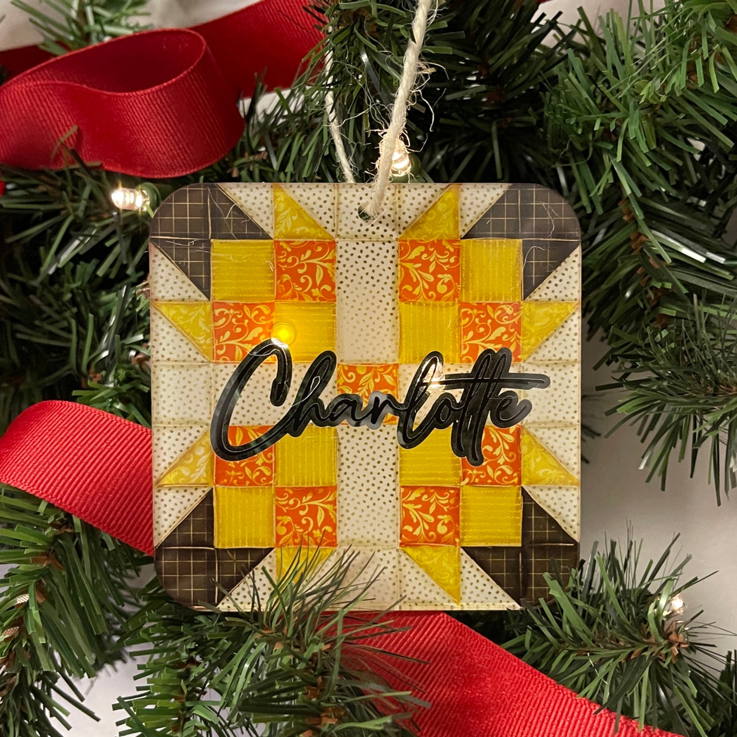 Star Quilt Block Personalized Christmas Ornament, Yellow Floral, Gift For Quilters
