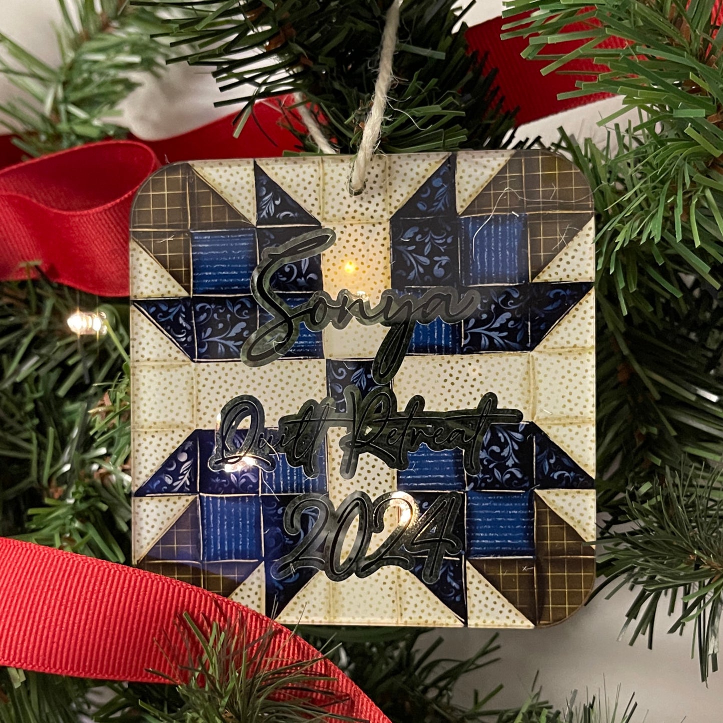 Star Quilt Block Blue Christmas Ornament, Personalized Gift For Quilters