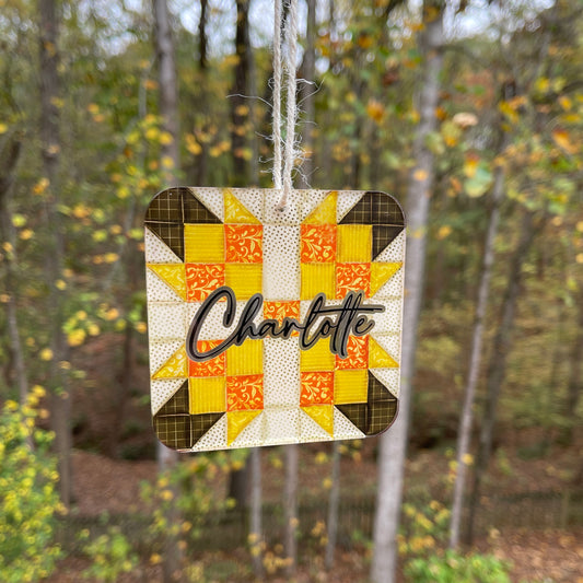 Star Quilt Block Personalized Christmas Ornament, Yellow Floral, Gift For Quilters