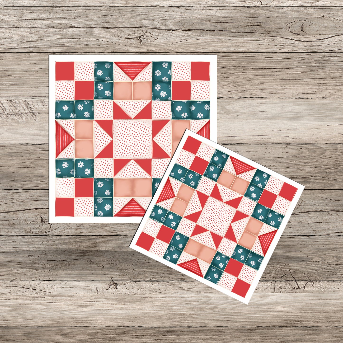 Two sizes (3.5" and 2.75") of colorful quilt pattern featuring a combination of teal, red, and peach squares and triangles arranged in a geometric design, displayed on a wooden background.