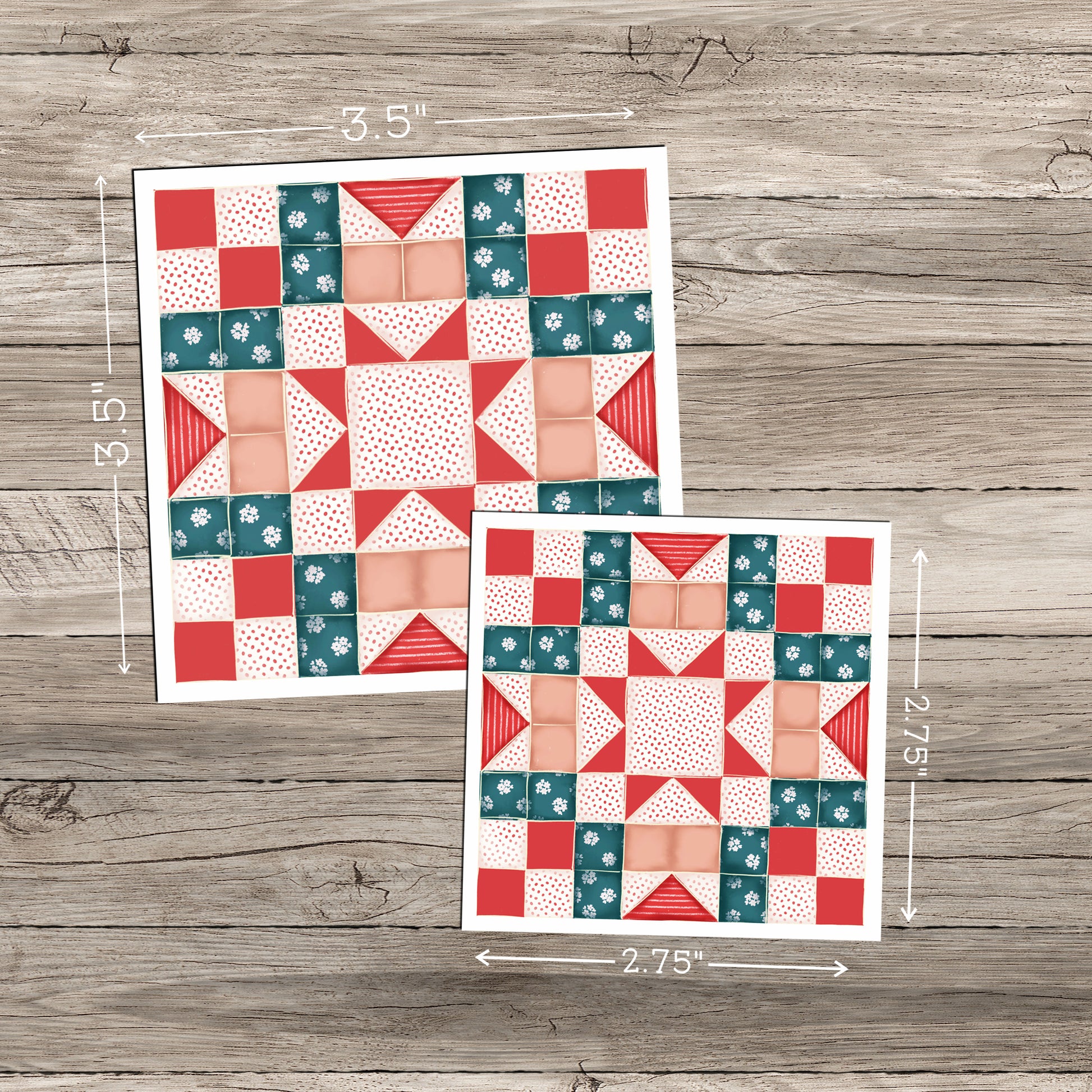 Two sizes (3.5" and 2.75") of colorful quilt pattern featuring a combination of teal, red, and peach squares and triangles arranged in a geometric design, displayed on a wooden background.