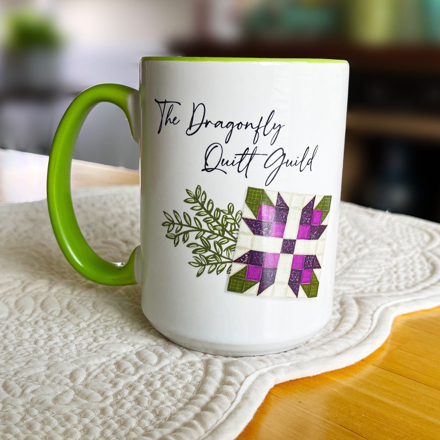 Purple Quilt Block Flower Mug Personalized With Name for quilters gift. 