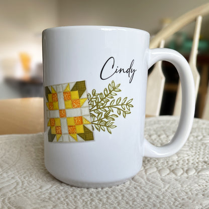 Yellow Quilt Block Flower Mug Personalized With Name for quilters gift. 