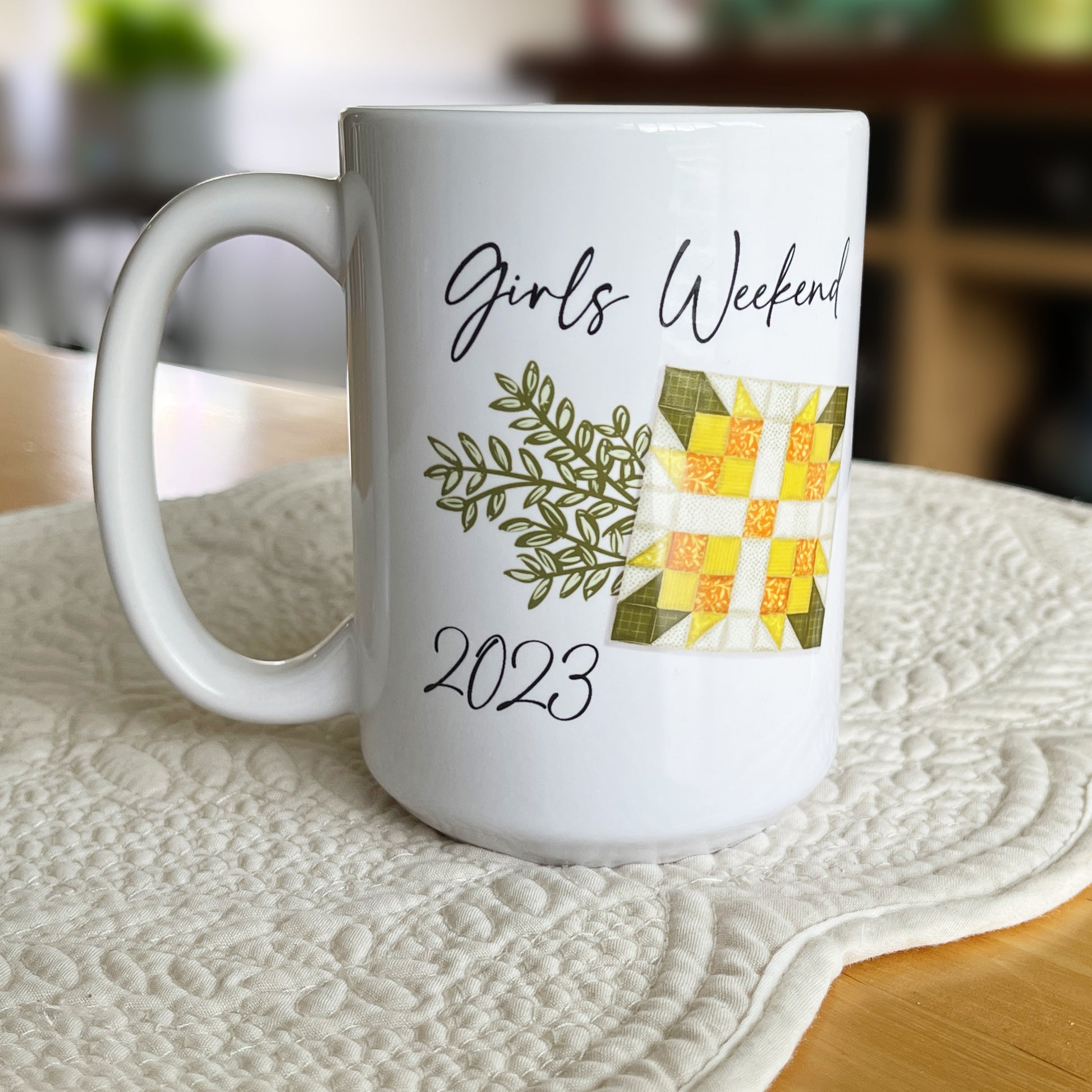 Yellow Quilt Block Flower Mug Personalized With Name for quilters gift.