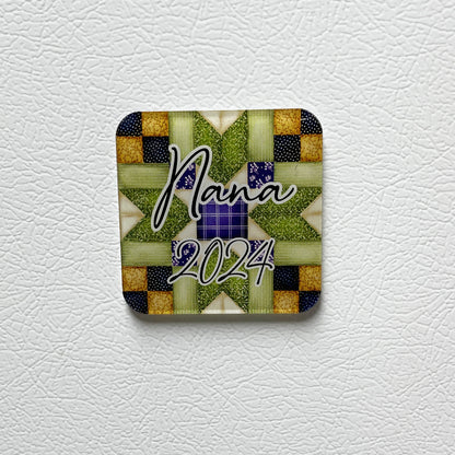 Purple and green square acrylic magnet with quilt patterns and personalized text that says "Nana 2024."