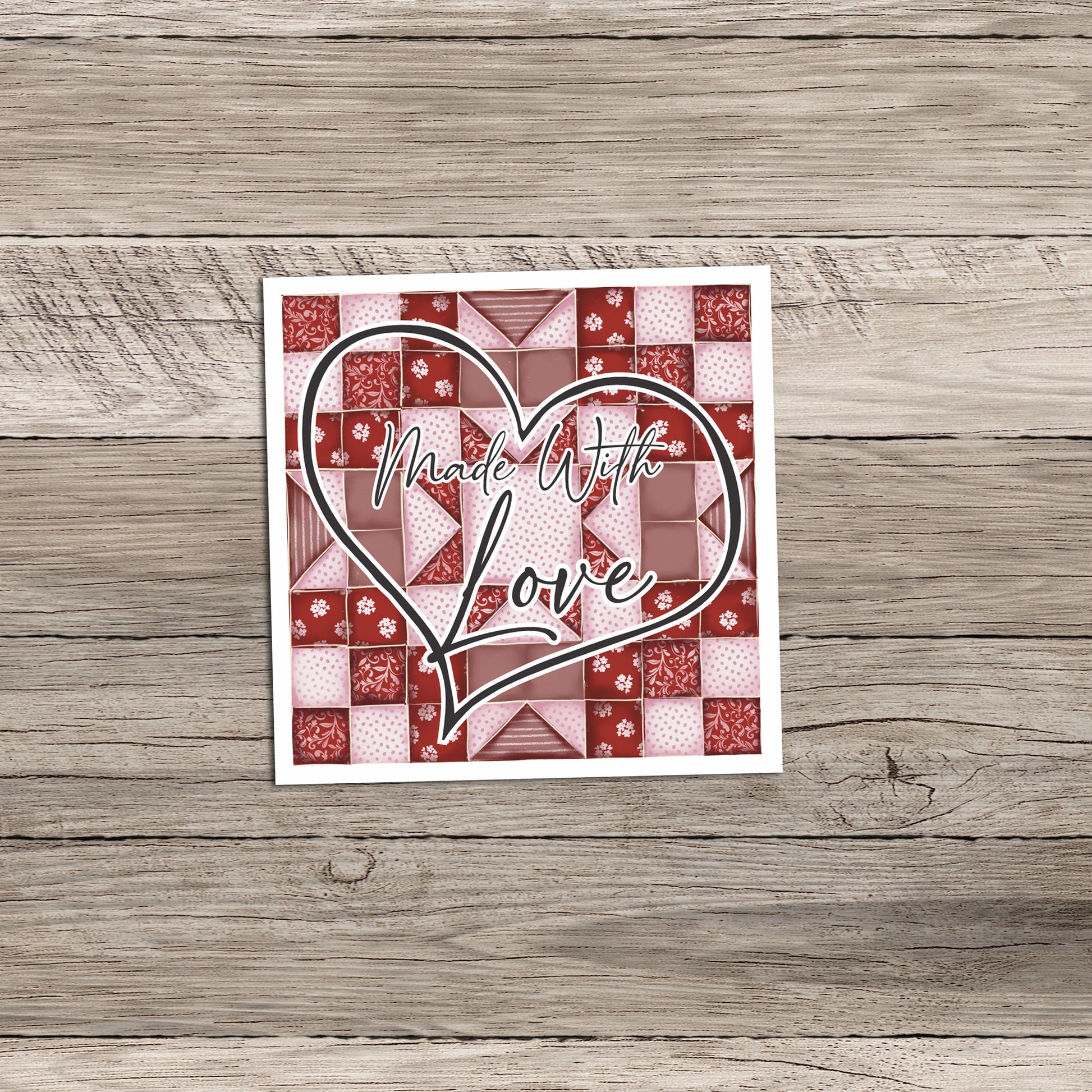 Made with love Valentine's Day quilt star block sticker in reds and pinks