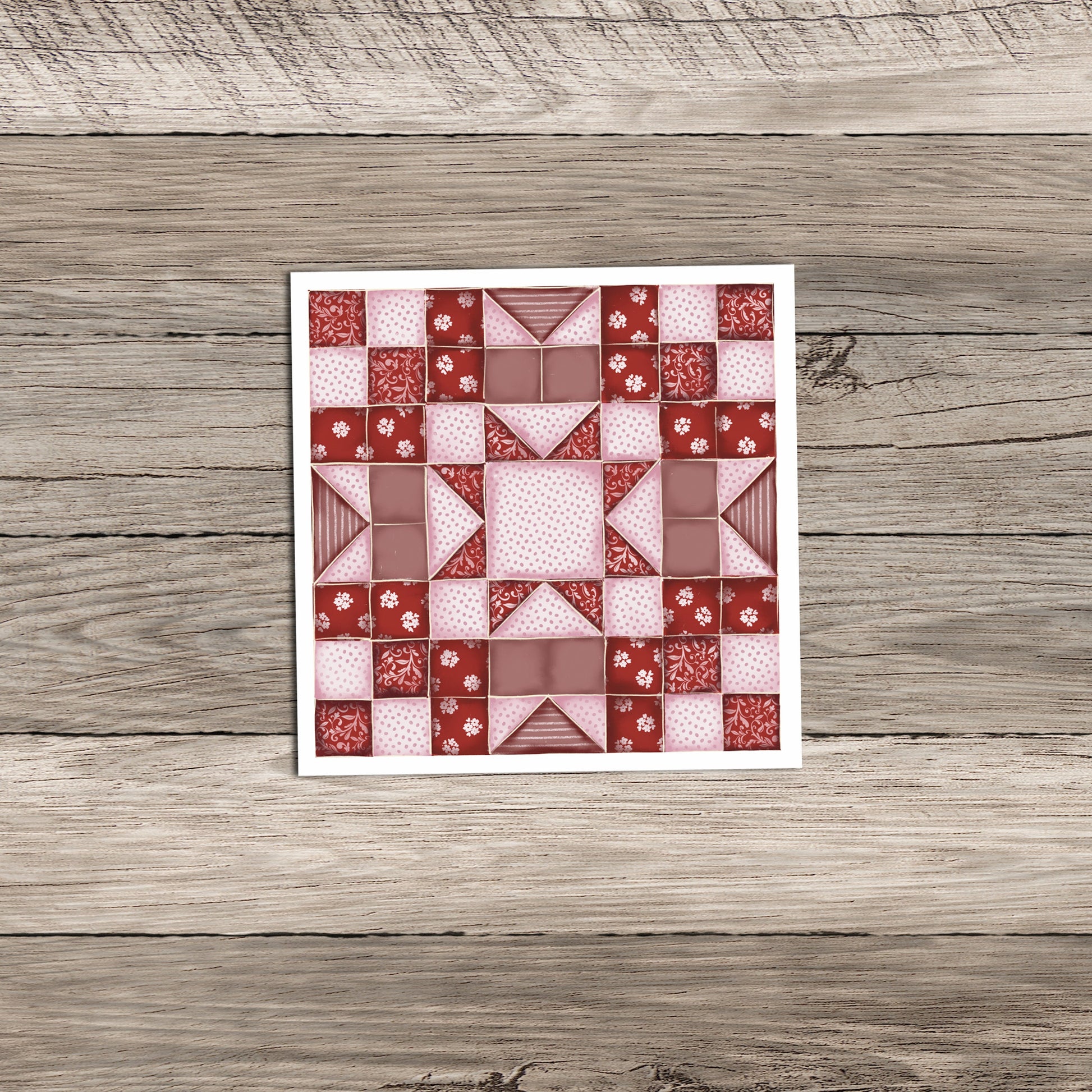 Valentine's Day quilt star block sticker in reds and pinks in small size