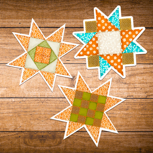 Set of three Star Quilt Block Sticker in Fall Orange, Brown, blue and green 