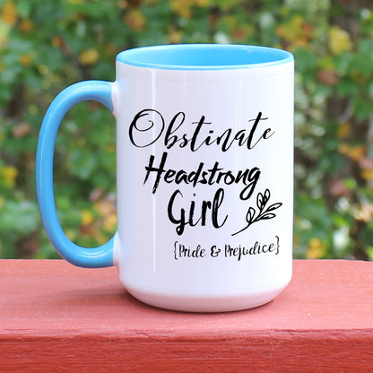 Jane Austen Obstinate Headstrong Girl on blue and white mug.