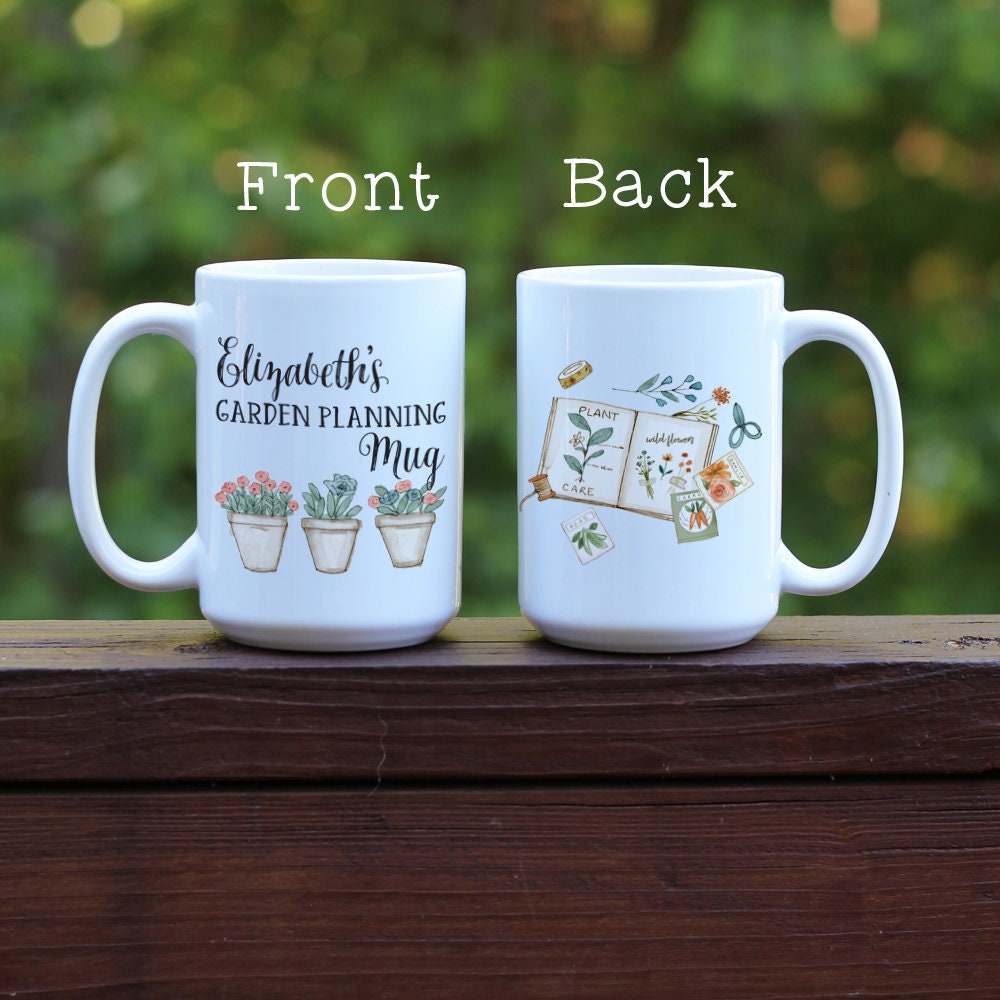 Personalized Garden Planning mug with white handle.