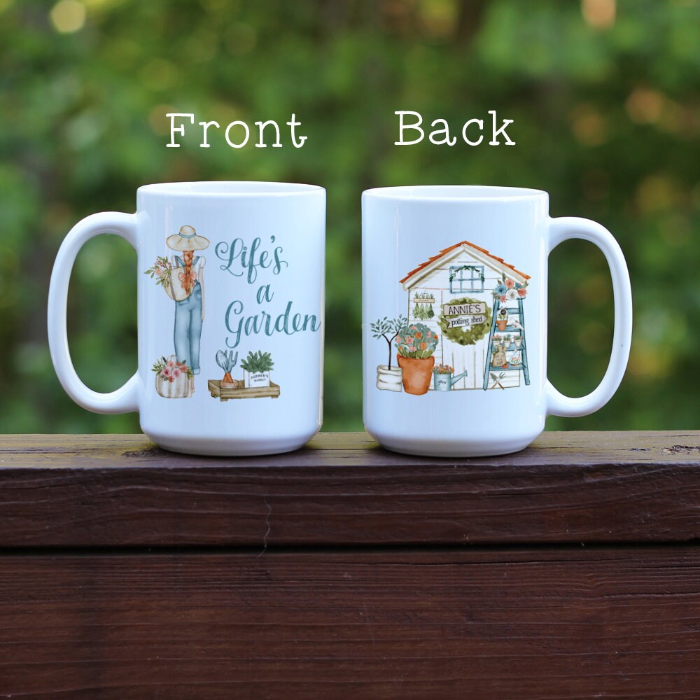 Life's a garden custom personalized coffee mug gift for gardeners