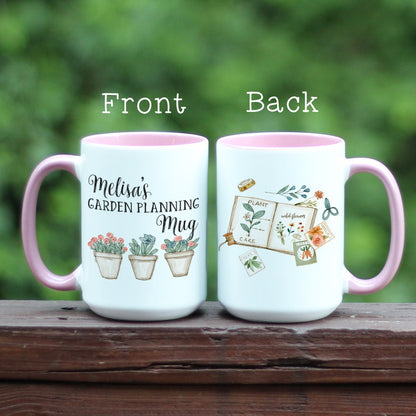 Personalized Garden Planning mug with pink handle.