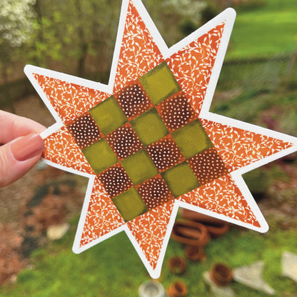 Large Sawtooth Star Quilt Block Sticker in Fall Orange and Brown 