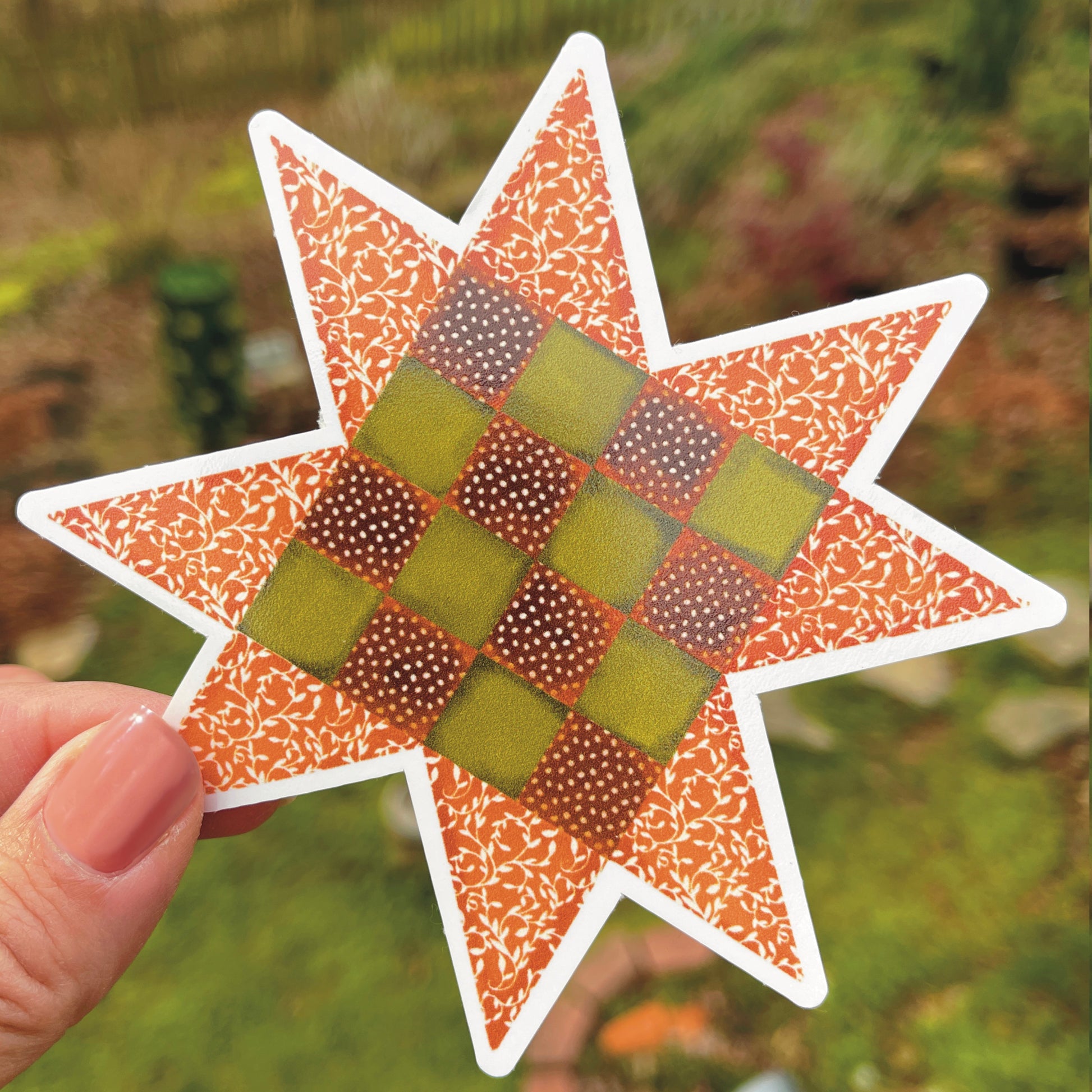 Medium Sawtooth Star Quilt Block Sticker in Fall Orange and Brown 