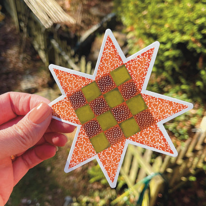 Medium Sawtooth Star Quilt Block Sticker in Fall Orange and Brown 