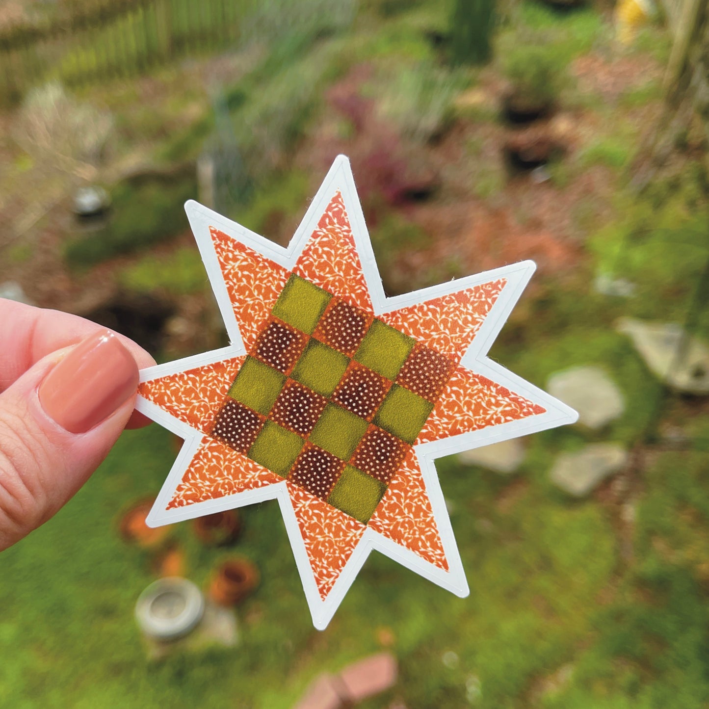 Small Sawtooth Star Quilt Block Sticker in Fall Orange and Brown 